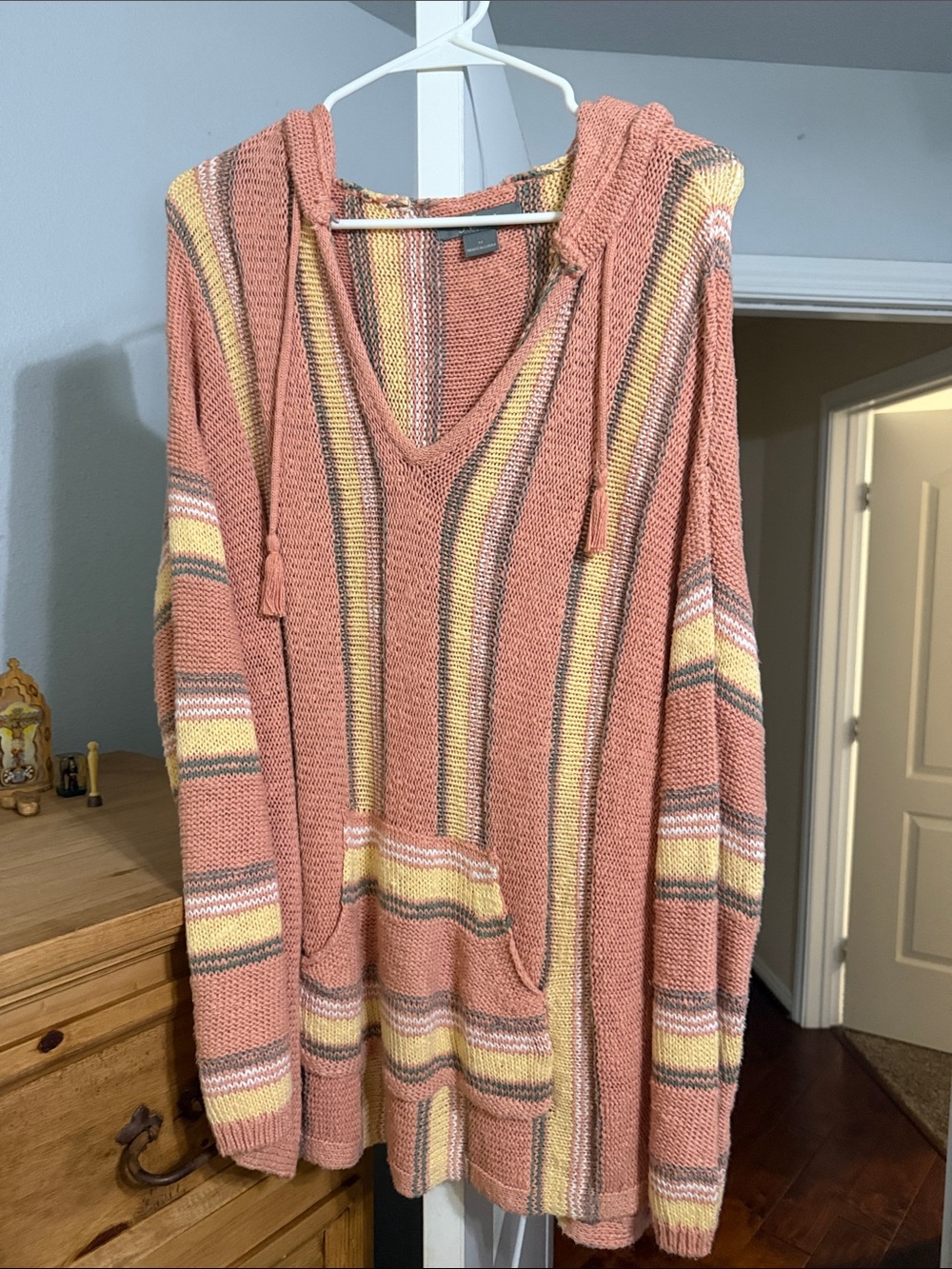 Cabela's Striped V‑Neck Hooded Pullover in Coral, Yellow and Cream